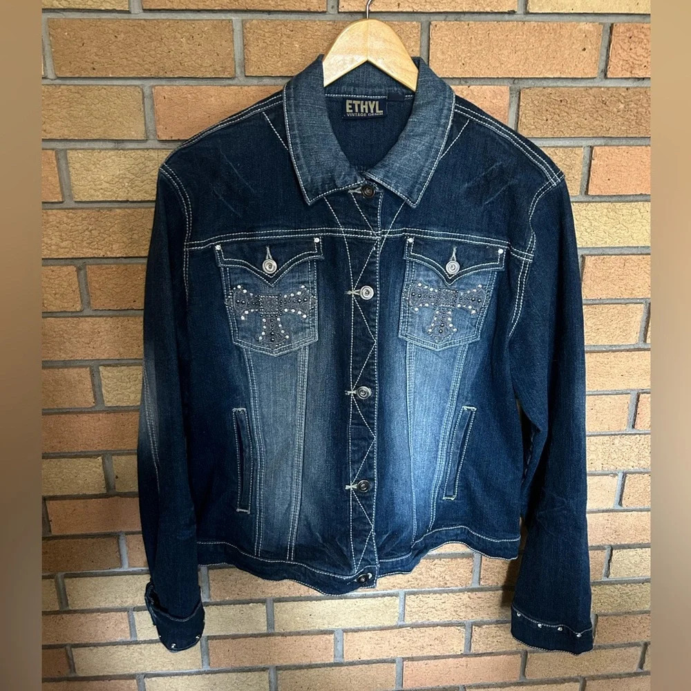 Ethyl Vintage Jean Denim Jacket Women’s Size 1X Gemstone Bedazzled Cross Y2K